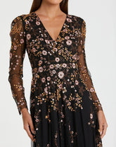 Black Multicolor Floral Embroidered A-Line Cocktail Dress